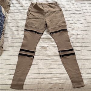 ALO Yoga Kids Taupe Leggings with Black Stripe Panels